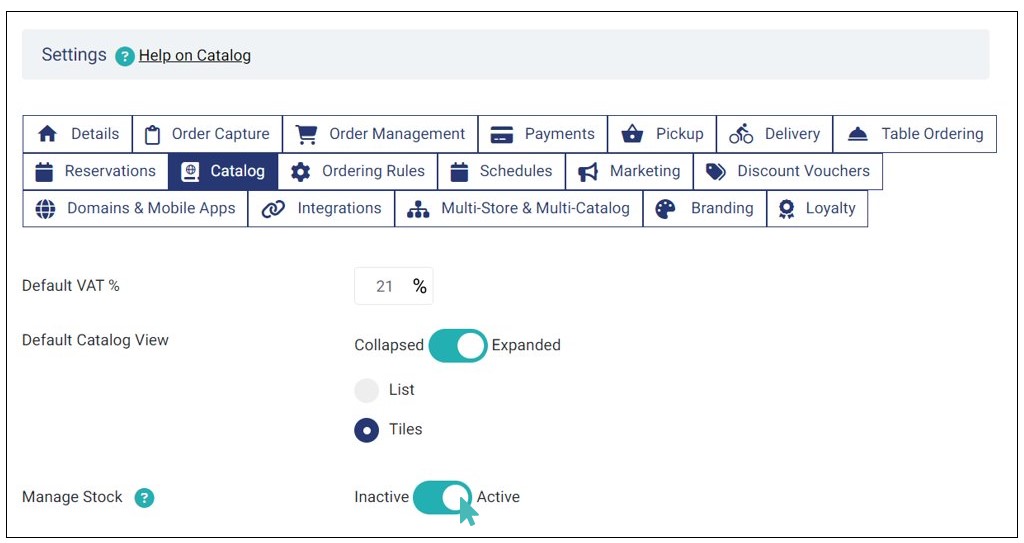 Stock management in settings