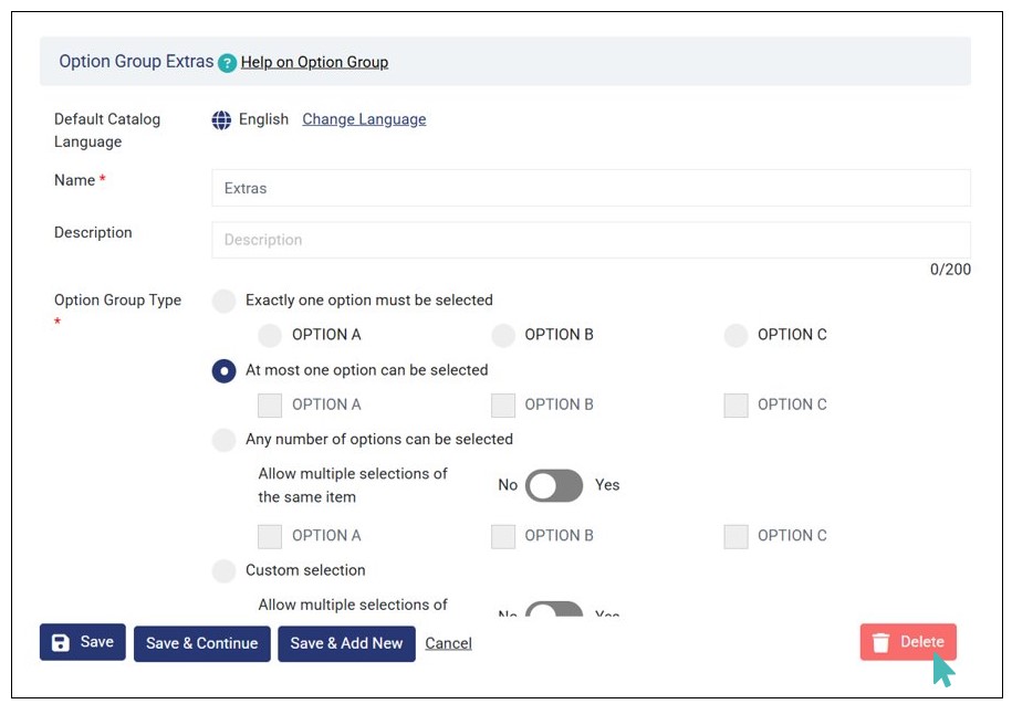 Deleting an option Group