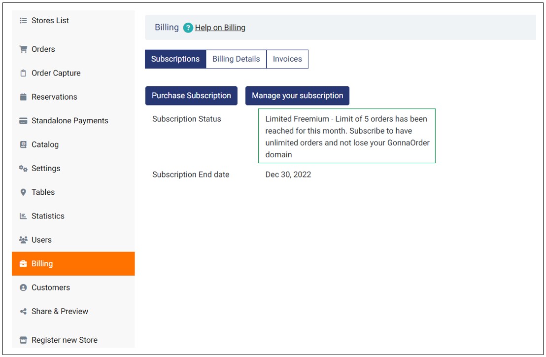 Subscription: 5 orders limit reached for the month