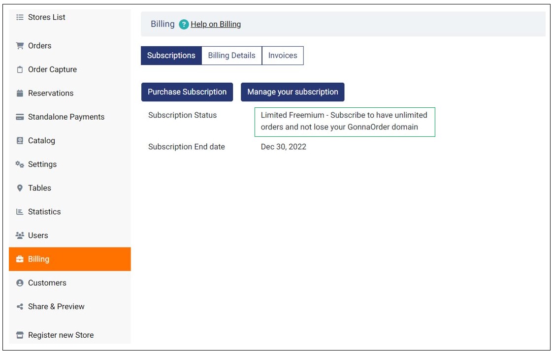 Subscription: Limited Freemium -5 orders per month