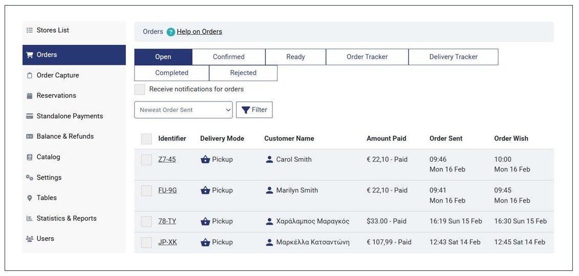 Orders page