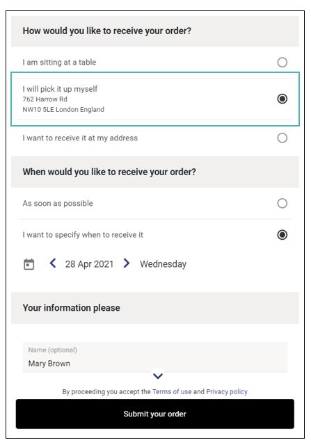 Pickup address displayed