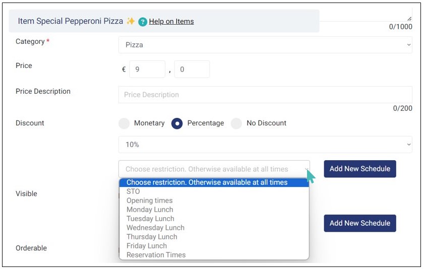 Choosing a Schedule for a Percentage Item Discount