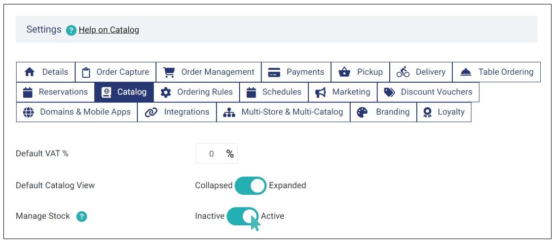Activating Manage Stock on Catalog Settings.