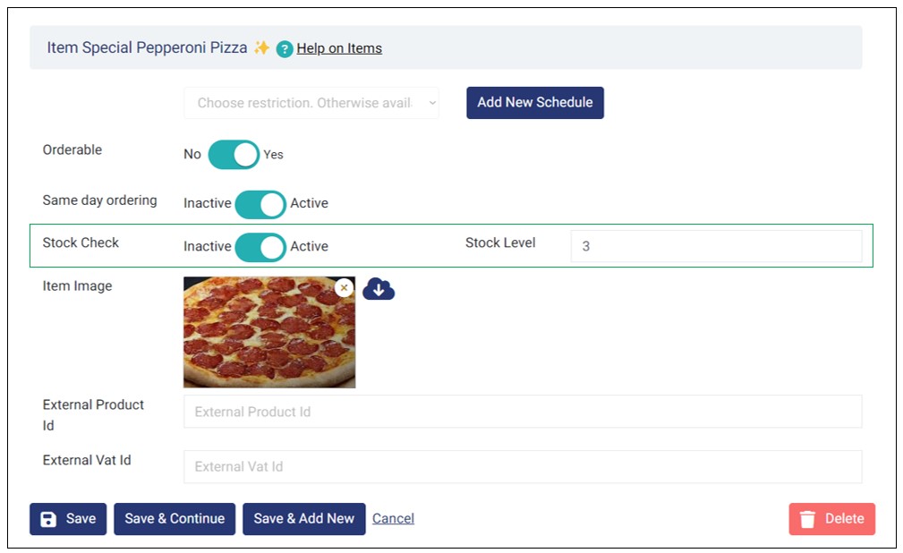 Activating Stock Check and Setting Stock Level on Catalog Items.
