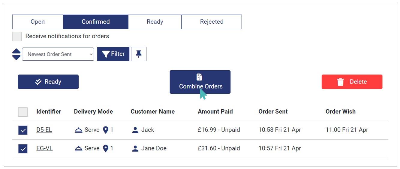 Mark and combine orders from the same table, room, or location