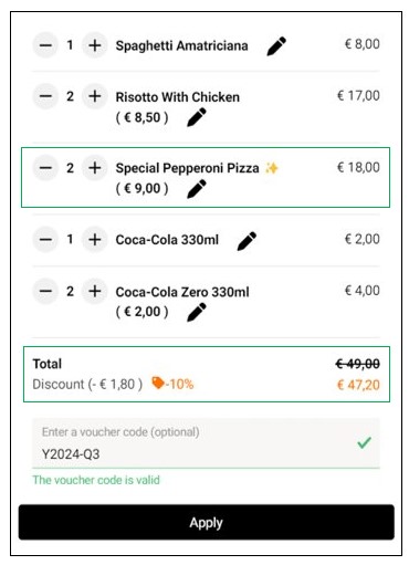 Order Has an Item Under the Pizza Category. Discount Applied.