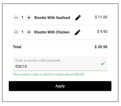 Discount voucher applied to an order that does not meet specified minimum order value requirement
