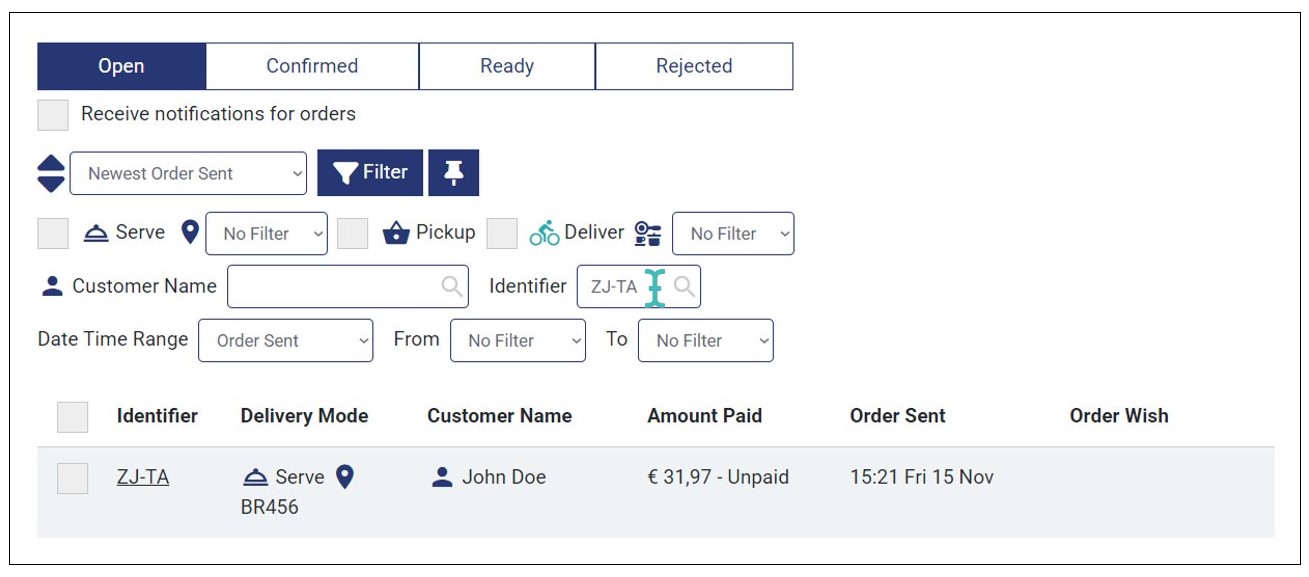 Searching orders using order identifier