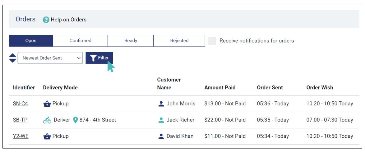 Filtering orders