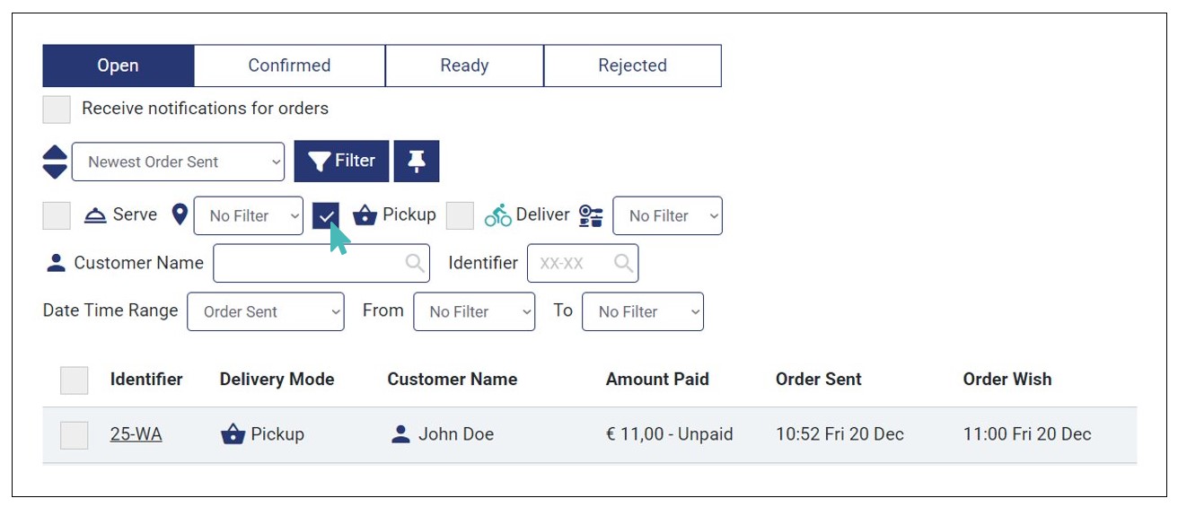 Filtered pickup orders