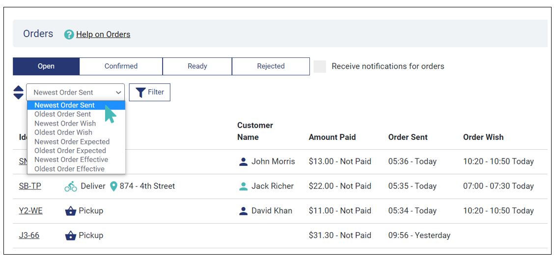 Order sorting criteria