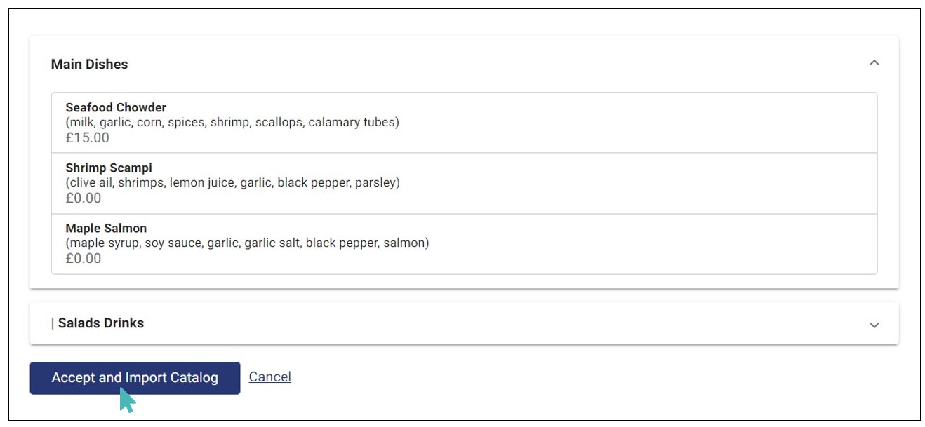 A preview of a catalog imported from photo