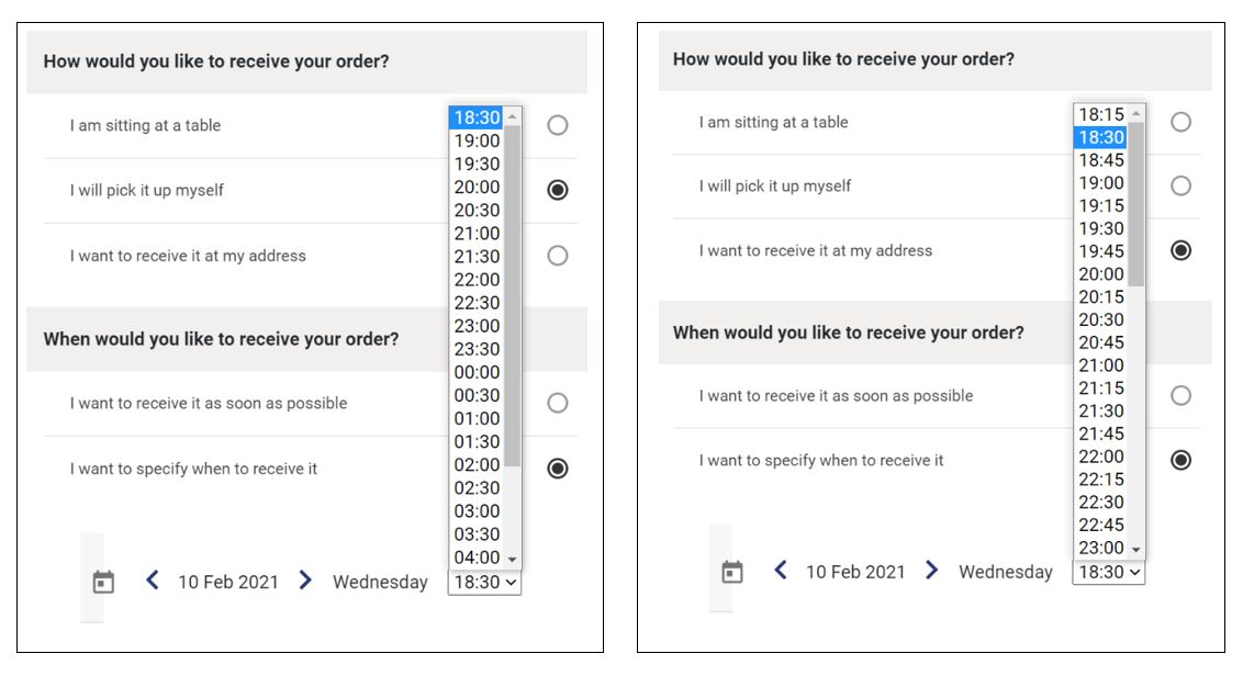 Desired time intervals on the customer interface