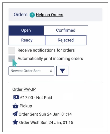 Enable auto printing for orders