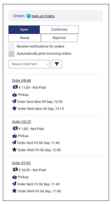 The list of orders
