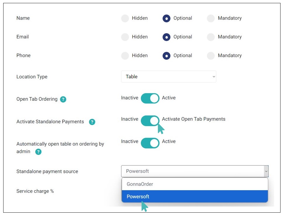 Enable standalone payments and set Powersoft as source