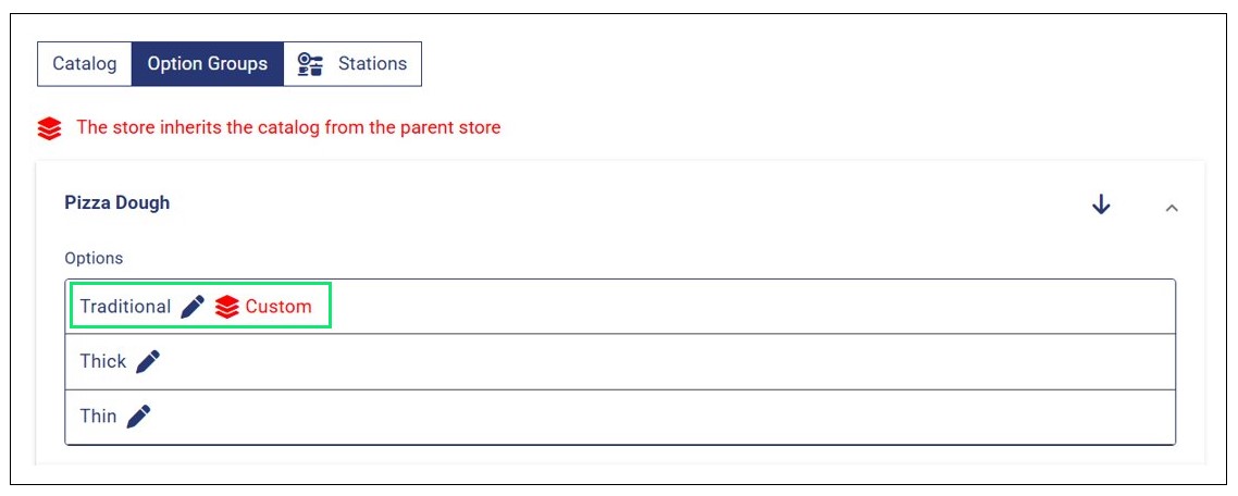 An Option Marked as Custom in an Inherited Child Store Catalog