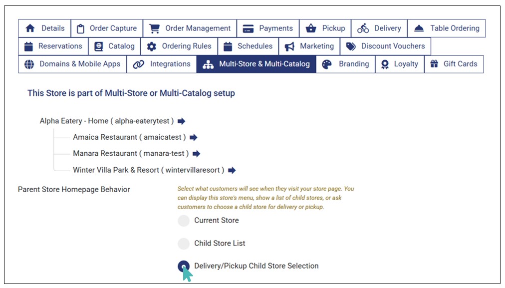 Set Delivery/Pickup Child Store Selection as the Desired Parent Store Homepage Behavior