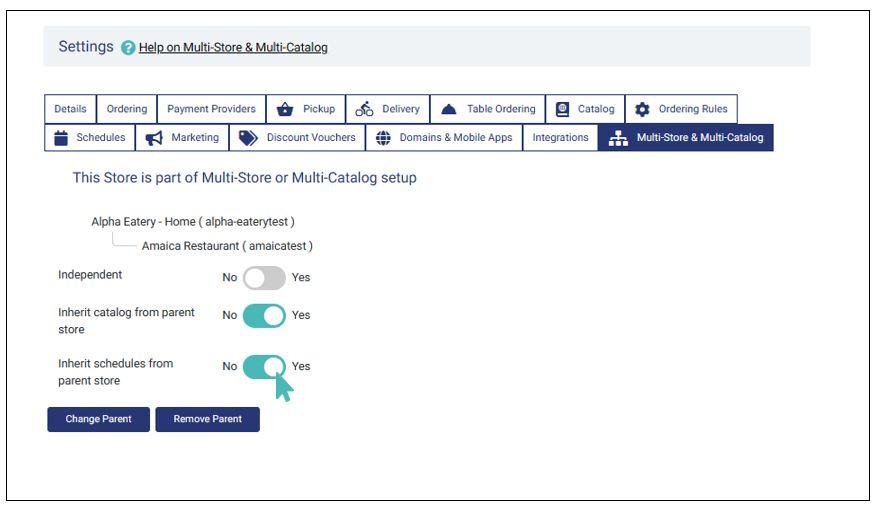 Set cheld store to inherit schedules from the parent store