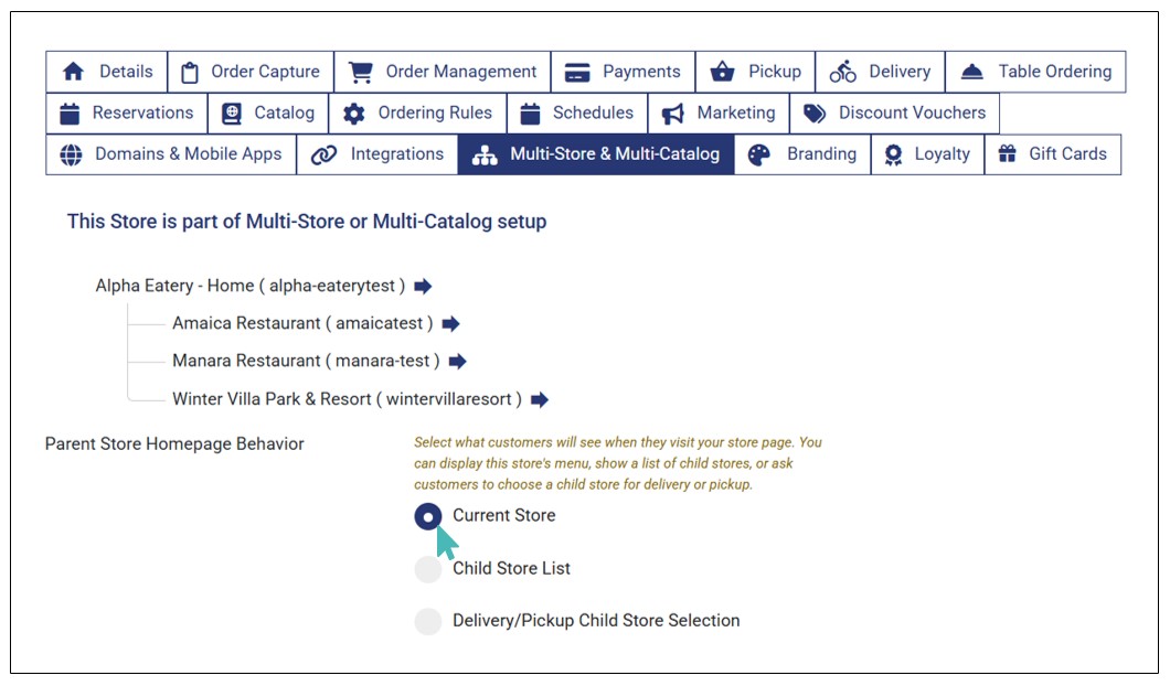 Setting Current Store as the Desired Parent Store Homepage Behavior