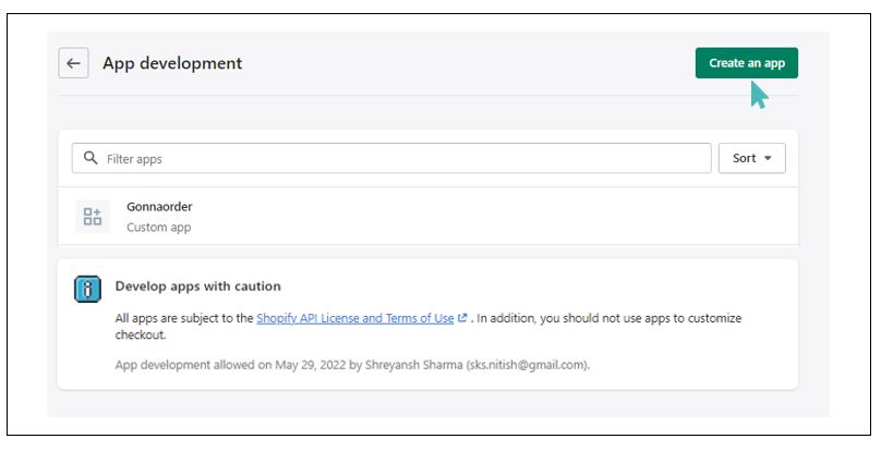 Create an app under app development page