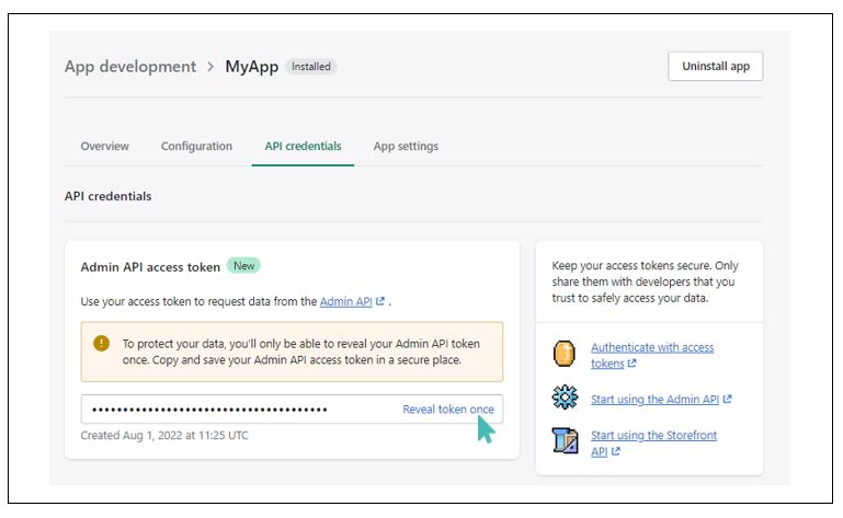 Reveal the masked Admin API access token and copy so you can use later in your GonnaOrder store.