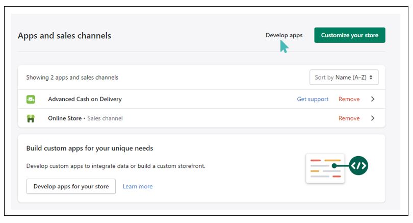 Open apps menu by clicking develop apps from the apps and sales channels page