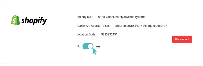 Enable Shopify integration by turning the toggle button to yes