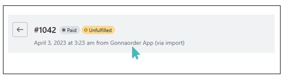 Order details captured from Shopify showing an order submitted from GonnaOrder.