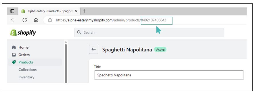 Shopify item ID displayed in the URL bar.