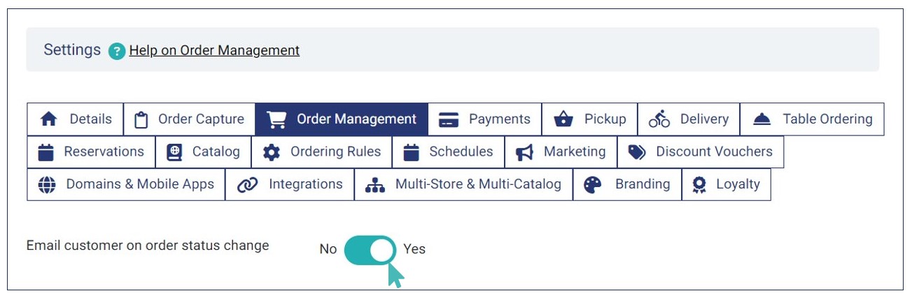 Email customer on order status change setting