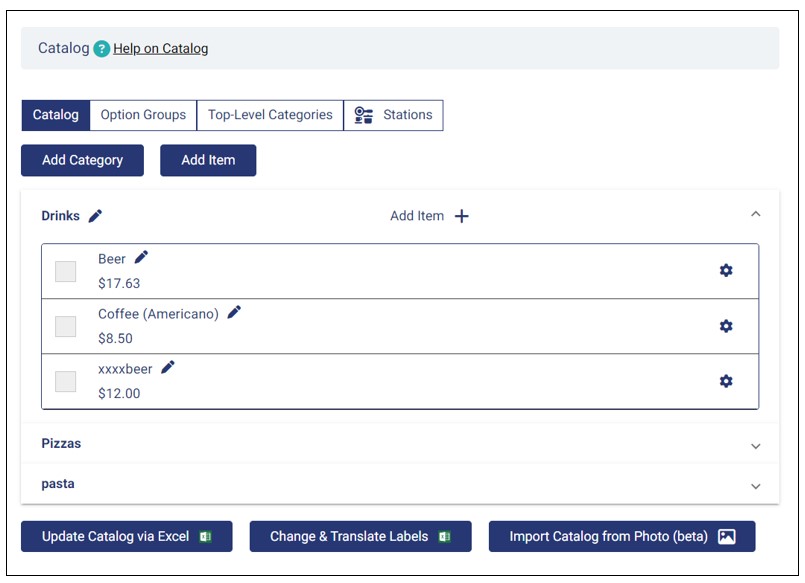 Sample of a Synched Catalog with Categories and Items.