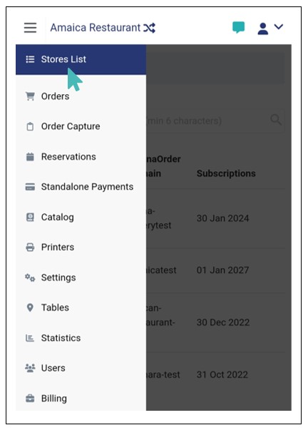 Access Store List From the Left Menu