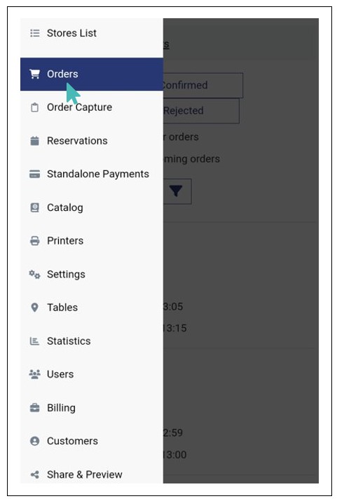 Choose Orders From the Left Menu