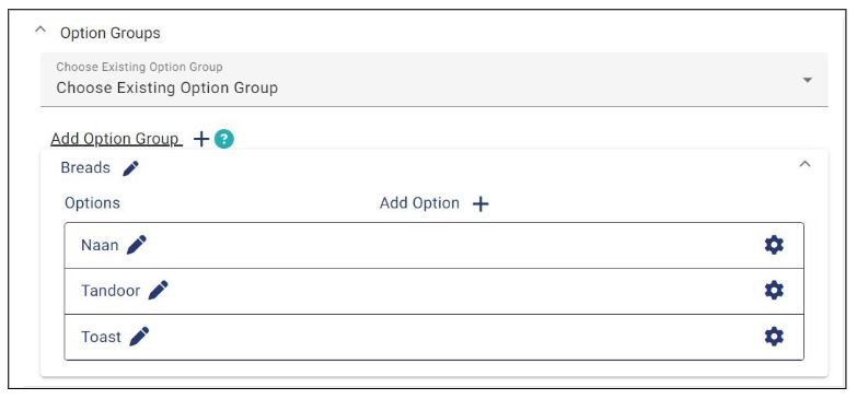 The description of an option group is displayed in parenthesis beside the option group name. The screenshot shows one option group without a description and three others with it.