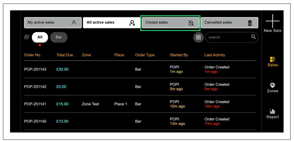 Table Orders Paid Via Standalone Payment Mode on Closed Sales Tab