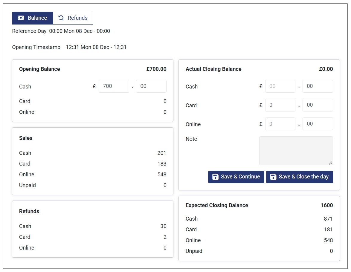 Balance Dashboard at the End of a Business Day