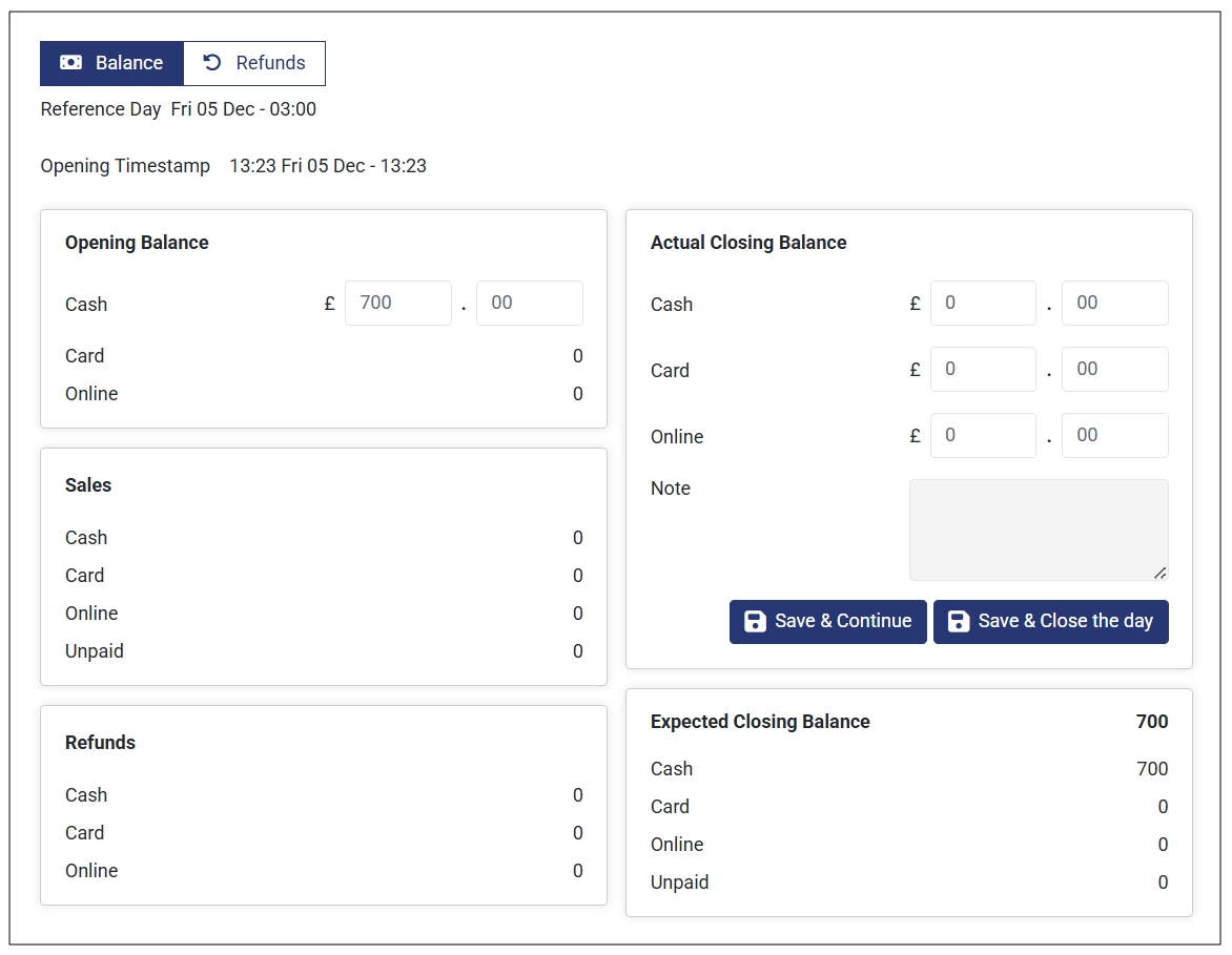 Balance Dashboard at the Start of a New Business Day